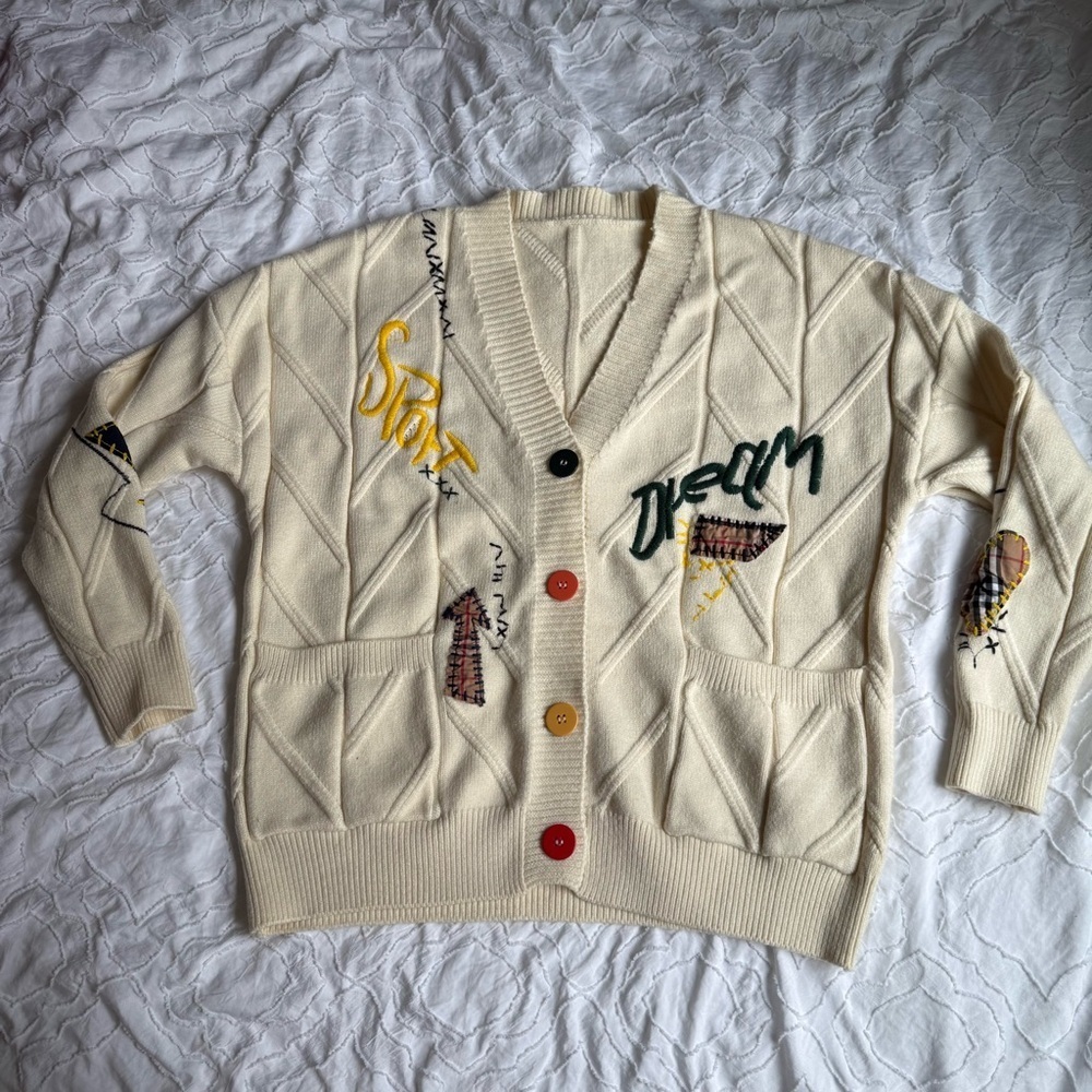 Anrabess Cream Cardigan with Embroidered Accents Lettering Patchwork Thick - Picture 6 of 12